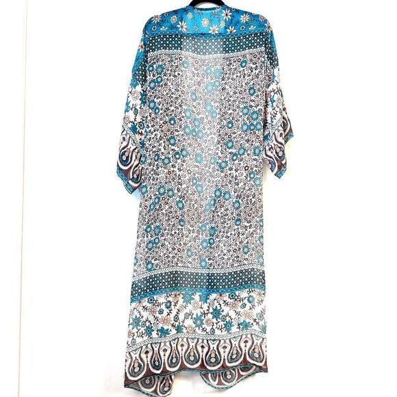 Social Butterfly Boutique Blue Floral Long Kimono Kaftan Multicolor Size OS - Picture 2 of 3